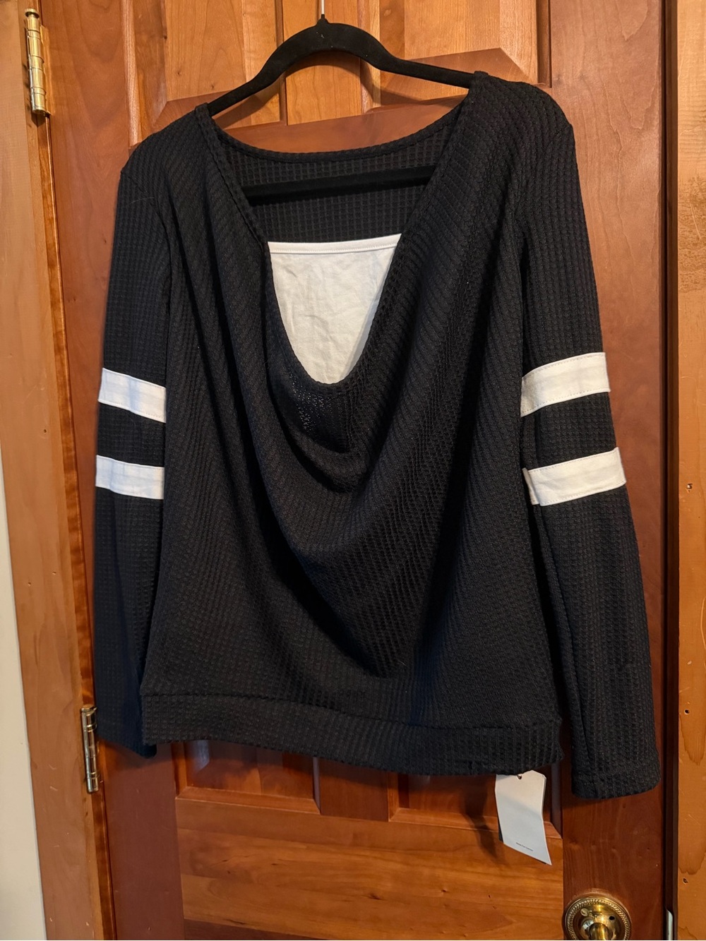 Flamingal’s Black Women's Waffle Knit Sweater with White Sleeve Stripes